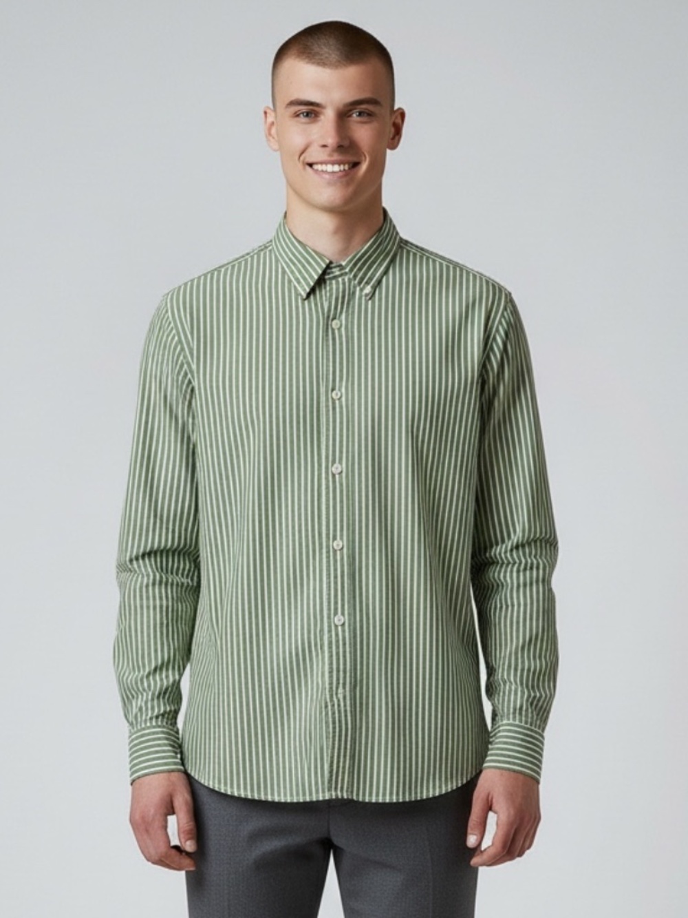 Express Mens Green Slim Fit Vertical Stripe Collared Button Up Shirt Size Medium